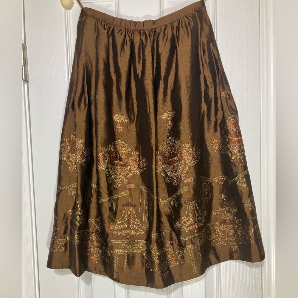 Herve Leger Metallic Brown Embroidered Midi A-Line Skirt